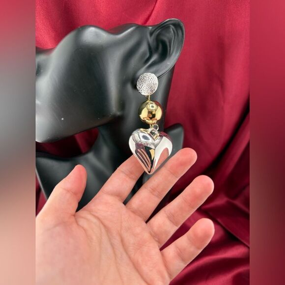Gold & Silver Heart Statement Earrings – Bold & Elegant. Trendy! - Picture 8 of 14